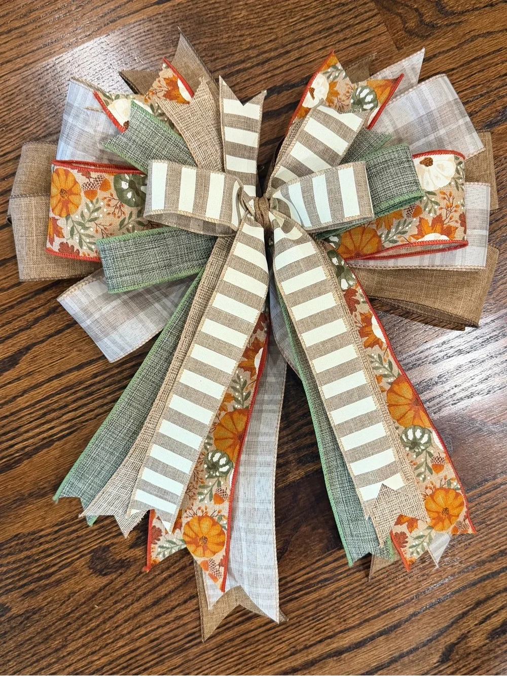 Autumn Floral Striped Wreath Bow — Orange, Green, Cream, Tan
